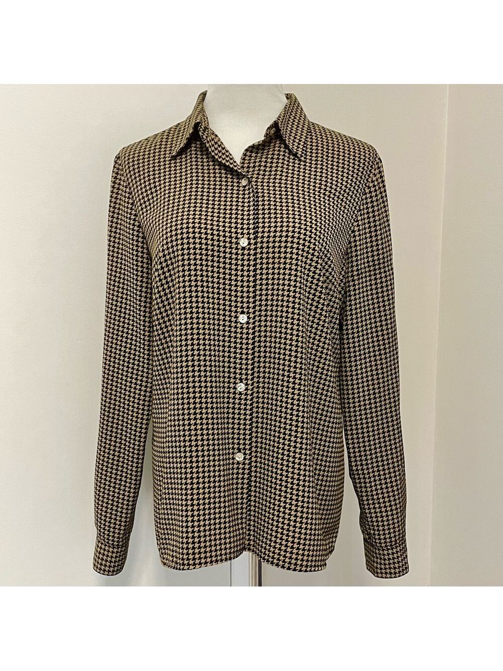 Vintage Liz Claiborne Houndstooth Pattern Button-Up Shirt Black and Tan Size 14